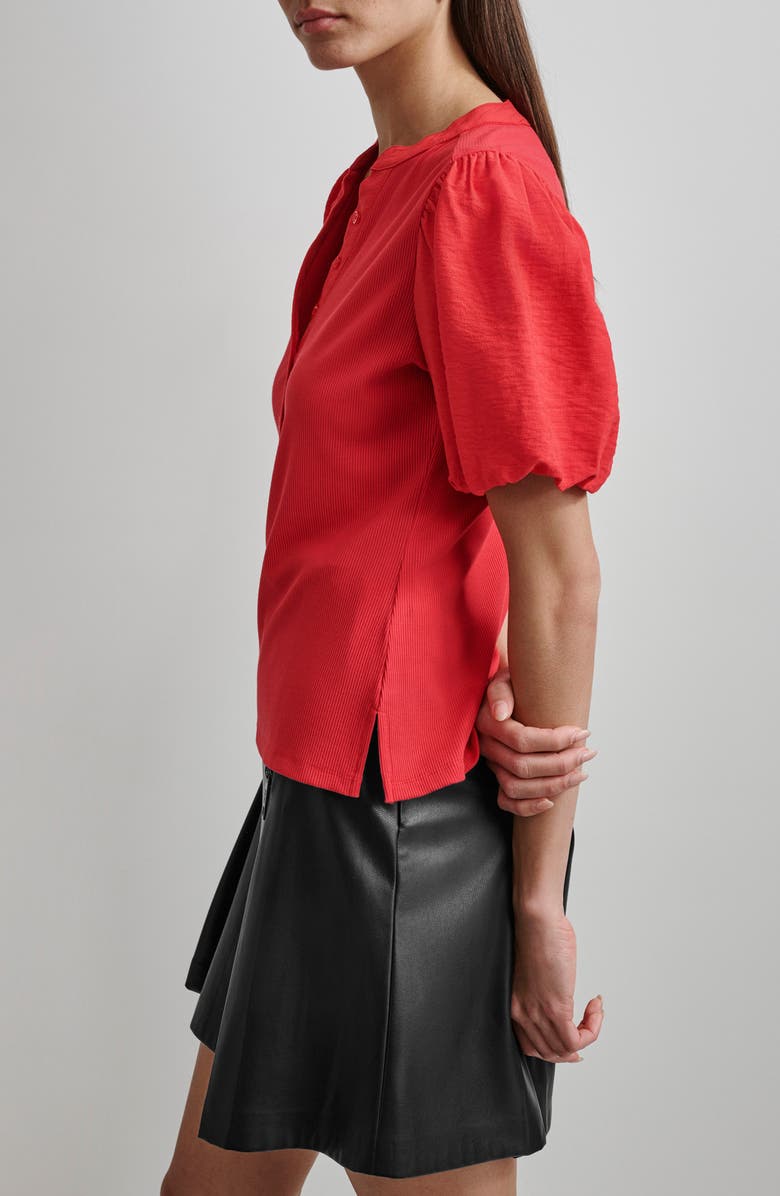DKNY Puff Sleeve Mixed Media Henley Top, Alternate, color, Flame