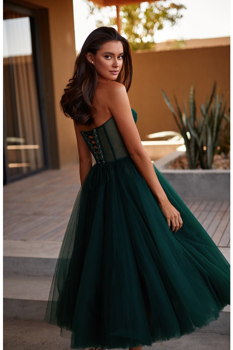 Strapless Puffy Tulle Midi Formal Occasion Dress in Emerald Green, Alternate, color, Emerald Green
