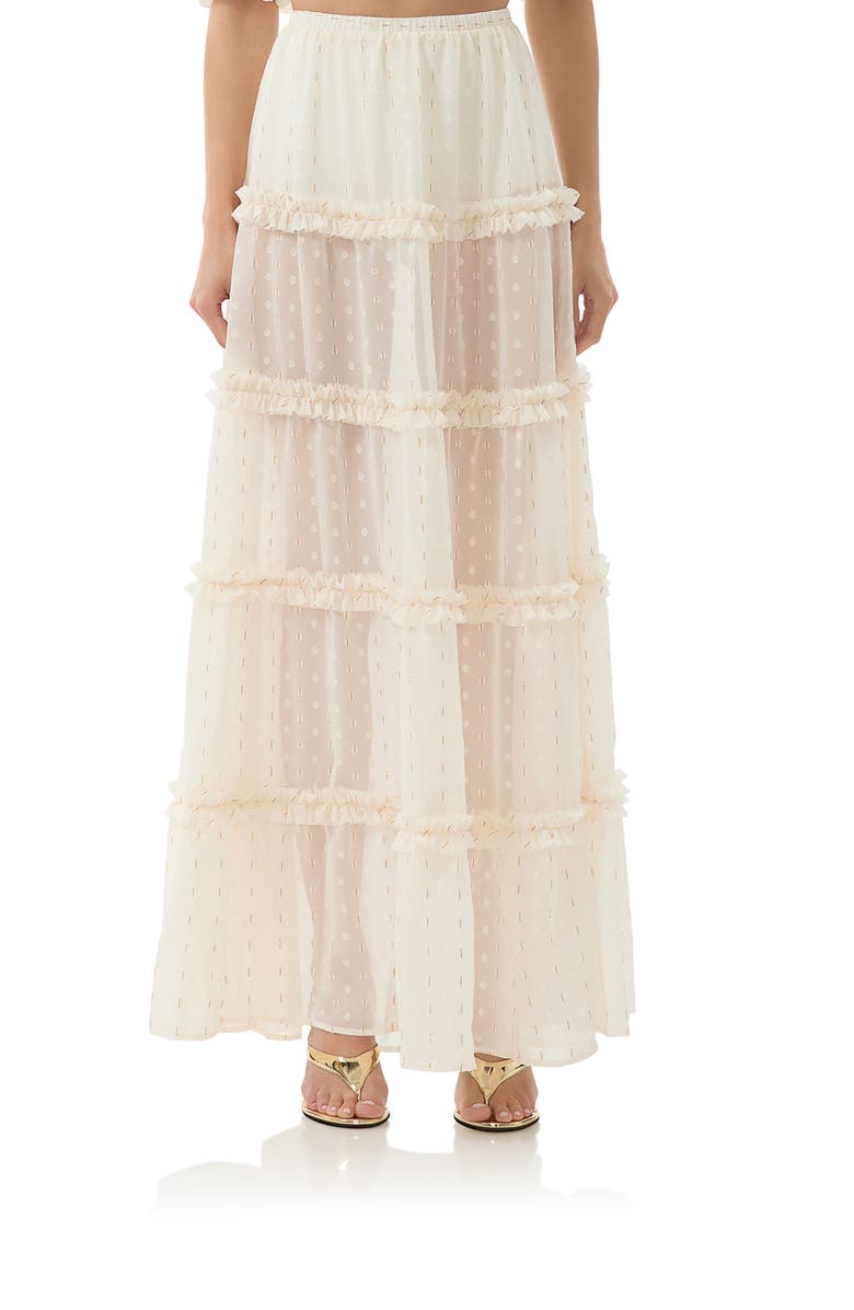 AFRM Sabina Clip Dot Tiered Maxi Skirt, Main, color, Gardenia