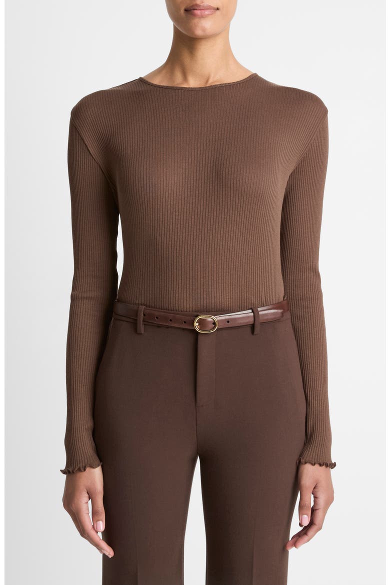 Rib Ruffle Edge Pima Cotton Crewneck Top, Main, color, ESPRESSO