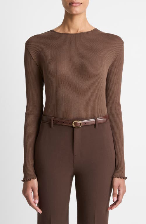 Vince Rib Ruffle Edge Pima Cotton Crewneck Top In Brown