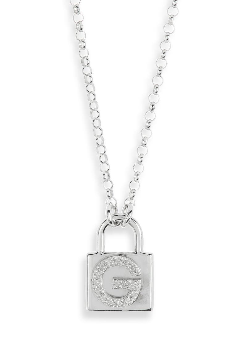 Diamond Padlock Initial Pendant Necklace - 0.12ct., Main, color, WHITE-G