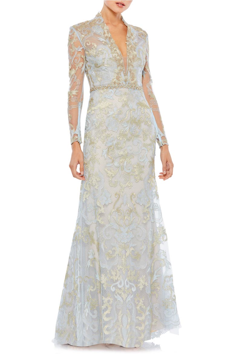 Long Sleeve Applique V-Neck Gown, Main, color, POWDER BLUE