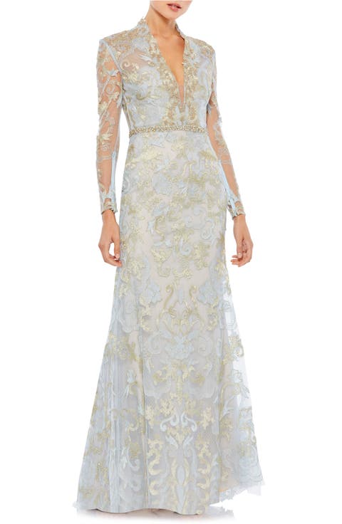 Long Sleeve Applique V-Neck Gown