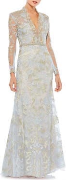 Mac Duggal Long Sleeve Applique V-Neck Gown