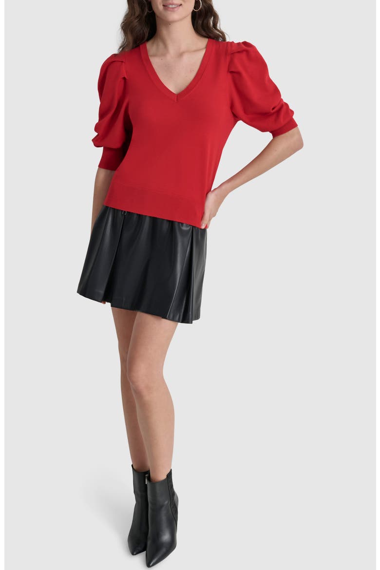 Puff Sleeve V-Neck Sweater, Alternate, color, RED LIGHT