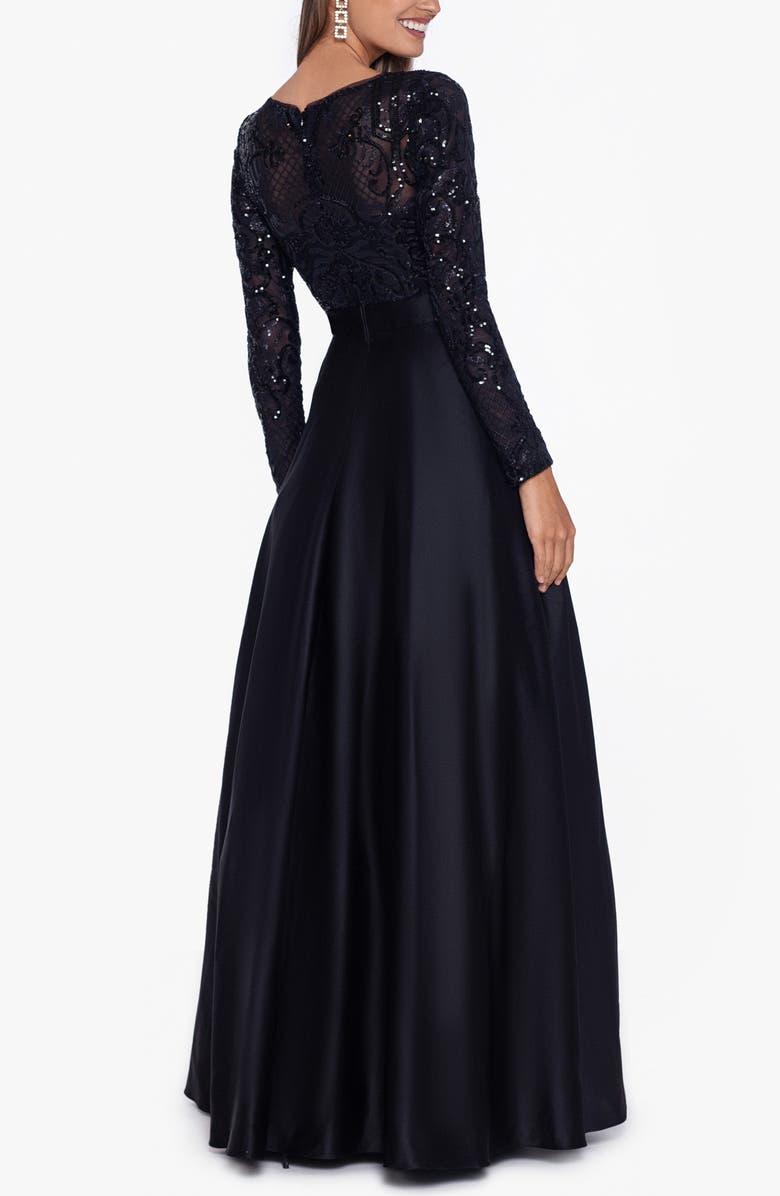 Betsy & Adam Sequin Long Sleeve Ballgown, Alternate, color, Black/ Black