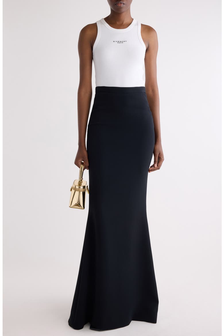Long Kick Back Stretch Trumpet Skirt, Alternate, color, BLACK