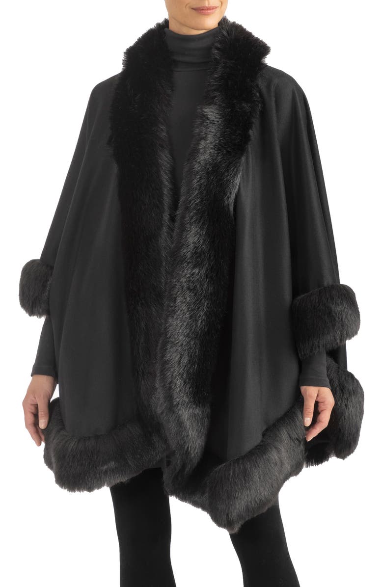 Sofia Cashmere Faux Fur Trim Cashmere Wrap, Main, color, 001Blk