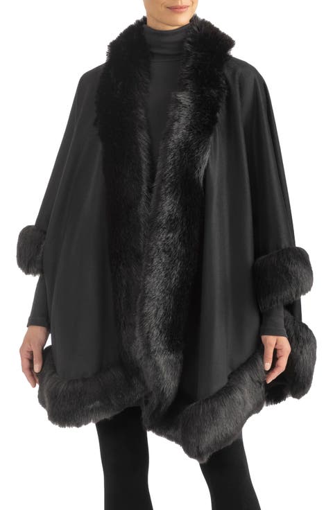 Faux Fur Trim Cashmere Wrap