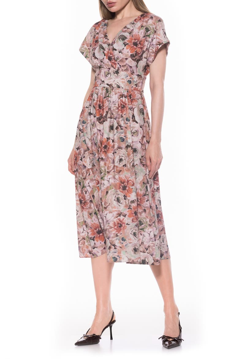 Ava Short Sleeve Fit & Flare Midi Dress, Alternate, color, BROWN FLORAL