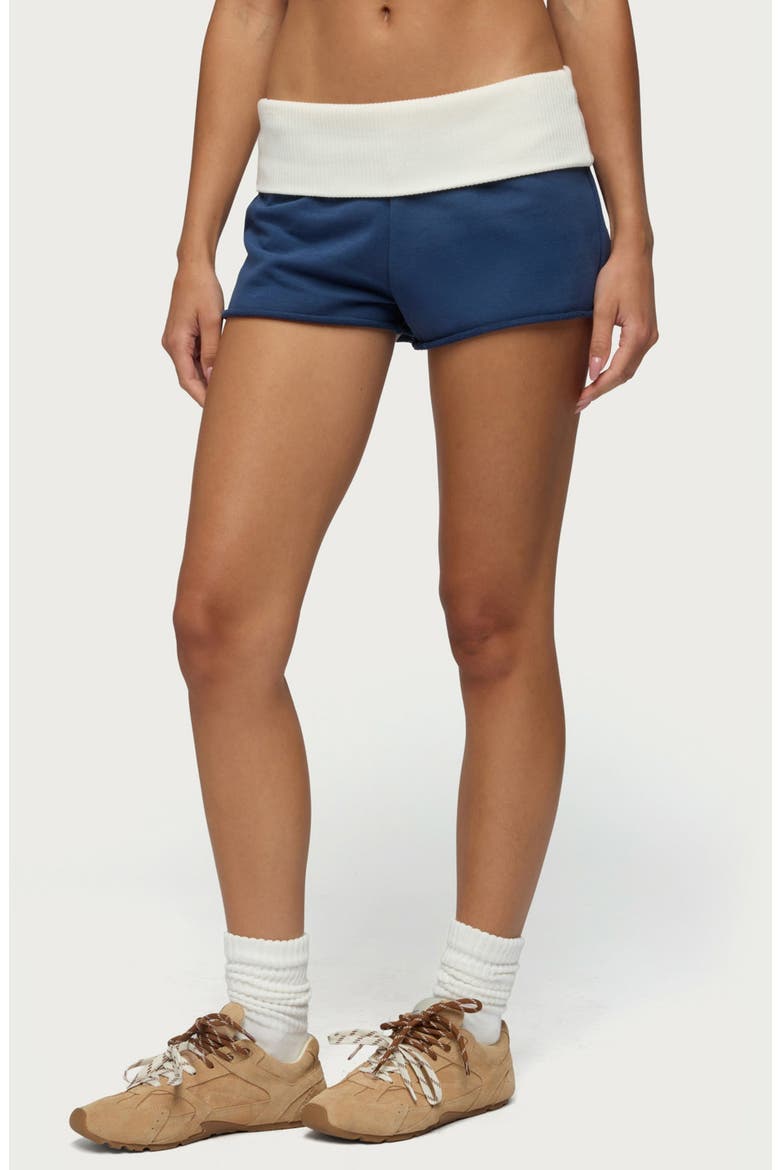 Stevie Contrast Foldover French Terry Shorts, Alternate, color, NAVY-AND-CREAM