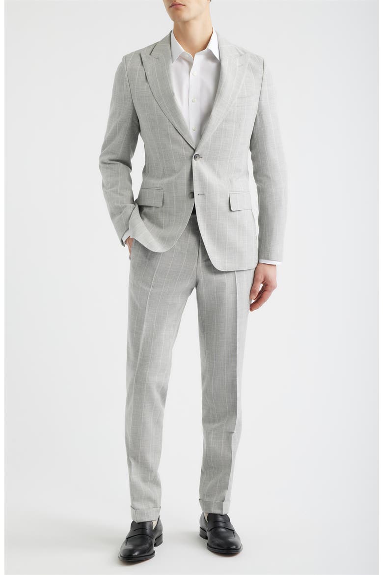 Huge Slim Fit Light Grey Stripe Peak Lapel Cotton & Wool Suit, Main, color, OPEN GREY