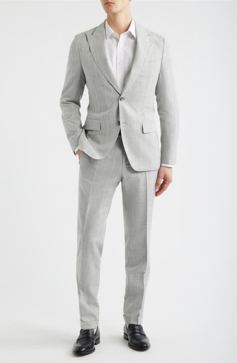 Huge Slim Fit Light Grey Stripe Peak Lapel Cotton & Wool Suit (Regular & Big)