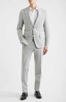 Huge Slim Fit Light Grey Stripe Peak Lapel Cotton & Wool Suit