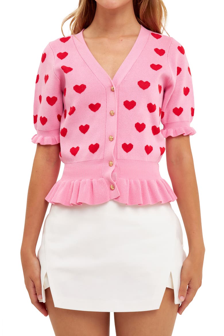 Puff Sleeve Heart Cardigan, Main, color, PINK/ RED