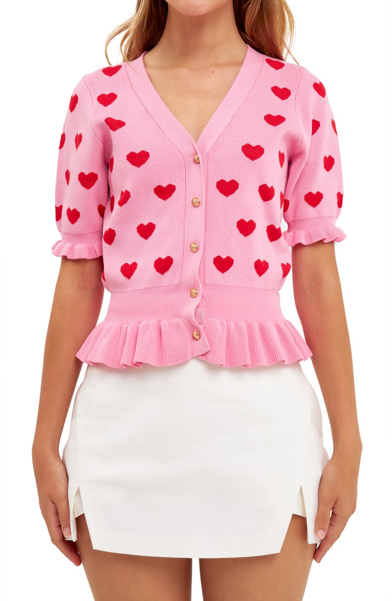 English Factory Puff Sleeve Heart Cardigan, Main, color, Pink/ Red