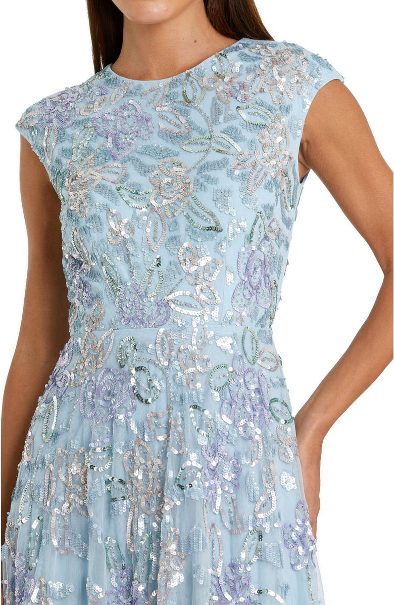 Mac Duggal Women's Sequin Mesh High Neck Cap Sleeve A Line Gown, Alternate, color, Ice Blue Multi