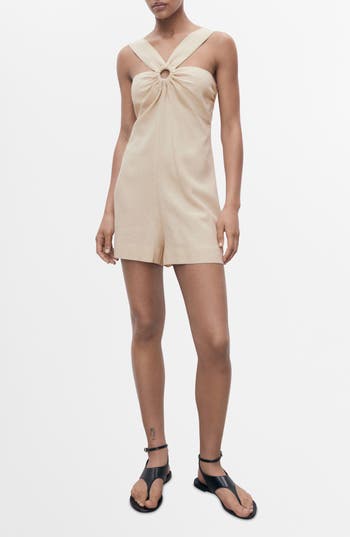 Mango Hoop Detail Linen Blend Romper In Sand