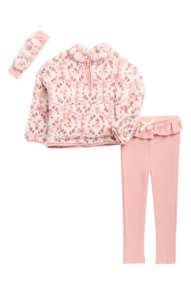 Nicole Miller Faux Shearling Sweatshirt, Waffle Knit Leggings & Headband Set, Main, color, Mellow Rose