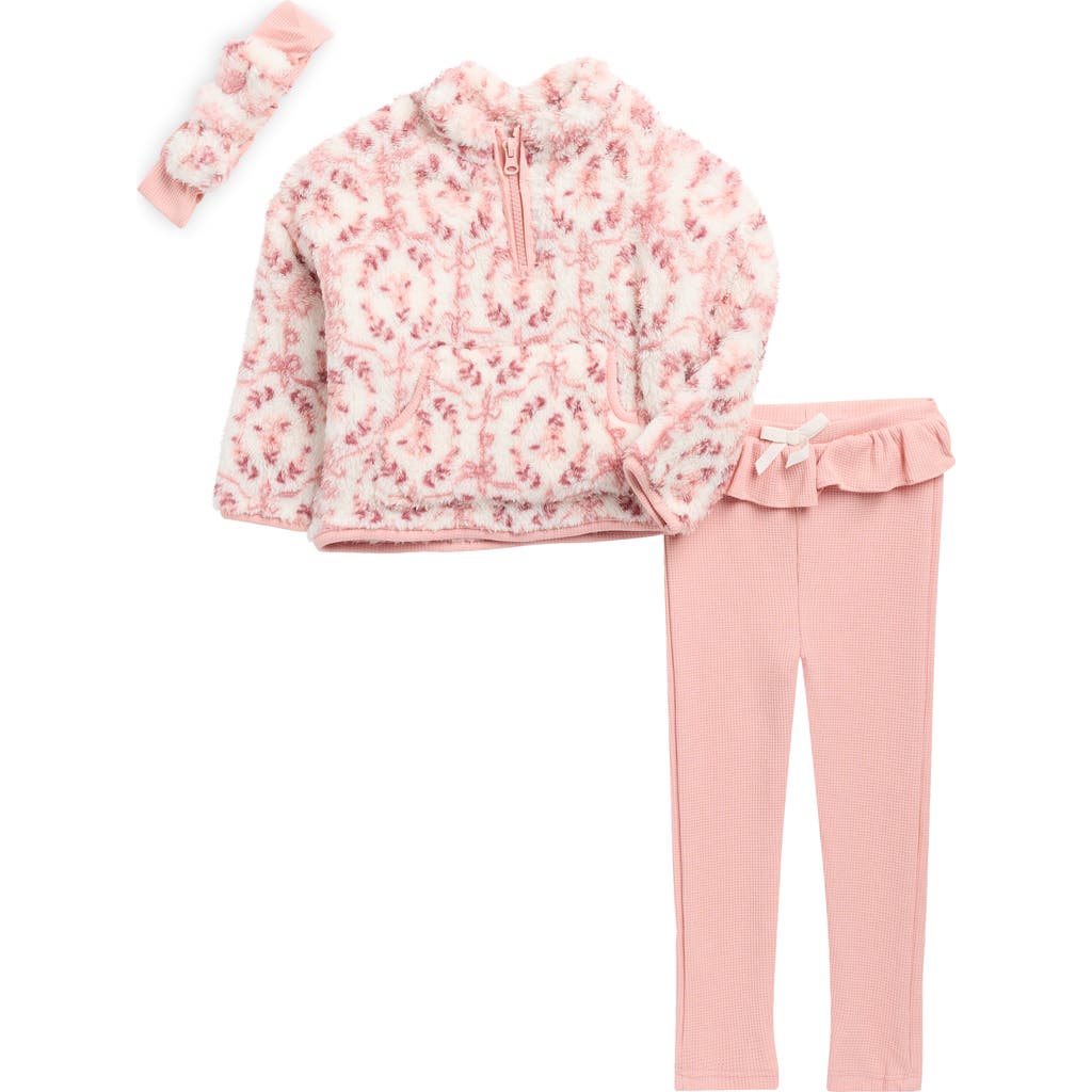 Nicole Miller Babies' Faux Shearling Sweatshirt, Waffle Knit Leggings & Headband Set In Pink