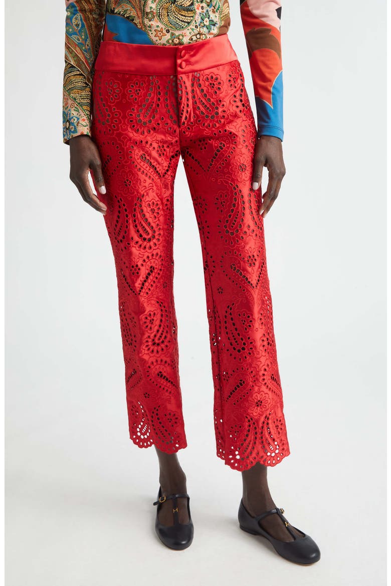 Paisley Eyelet Duchess Satin Trousers, Main, color, RED