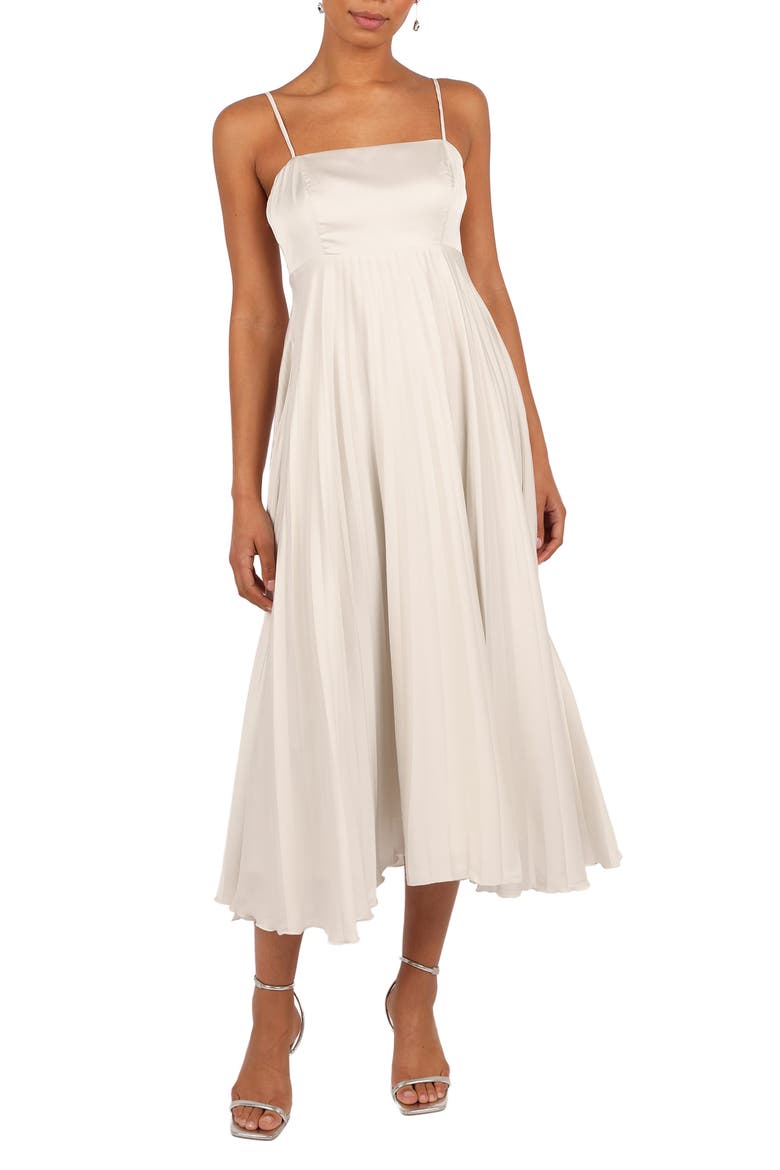 Keegan Pleated Satin Dress, Main, color, WHITE