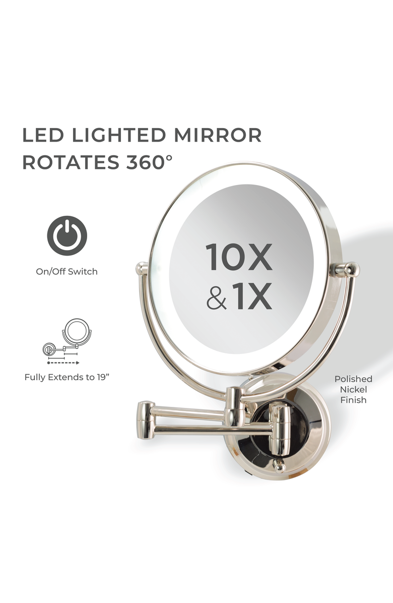 Zadro Lighted Wall Mounted Makeup Mirror with 10X/1X Magnification & Extendable Arm, Alternate, color, Polished Nickel