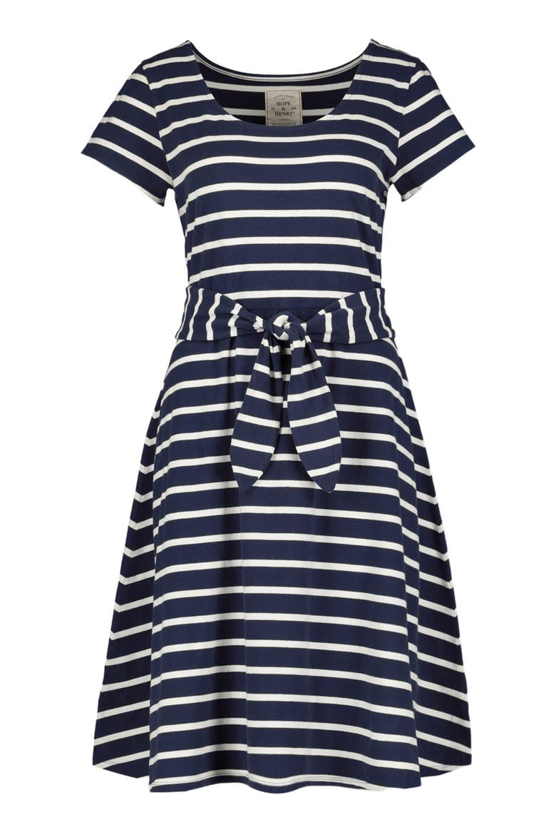 Women's Organic Cotton Tie-Waist Knit Dress, Alternate, color, Navy with White Stripe
