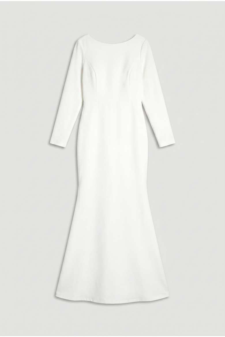 Petite Slash Neck Puddle Wedding Dress, Alternate, color, Ivory