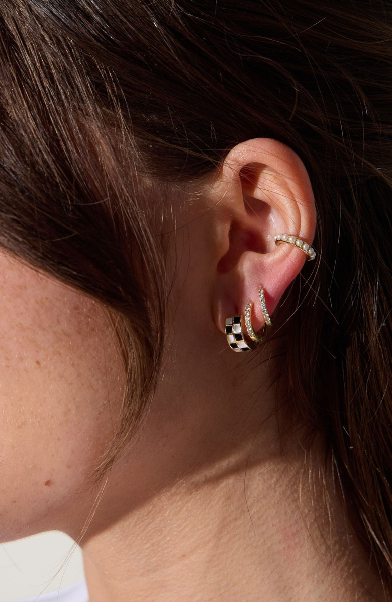 Nickel & Suede Checkered Enamel Huggies, Alternate, color, Black & White Checkered