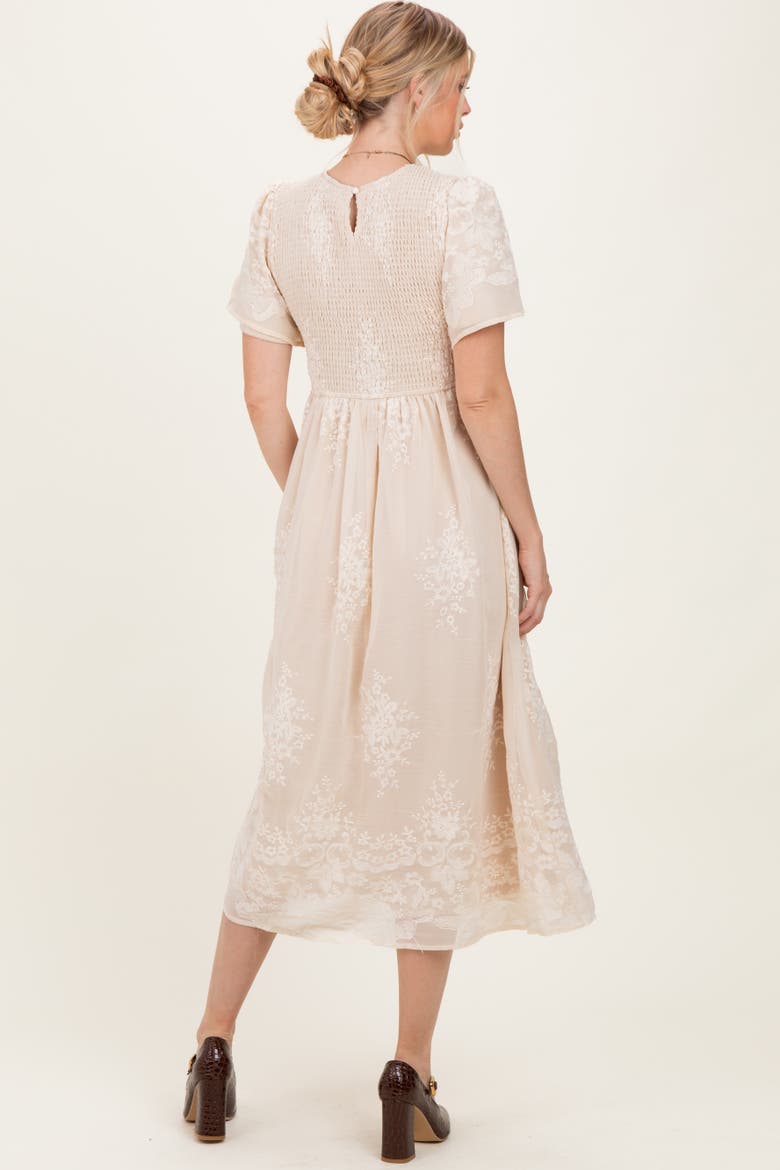 Embroidered Smocked Midi Dress, Alternate, color, Cream
