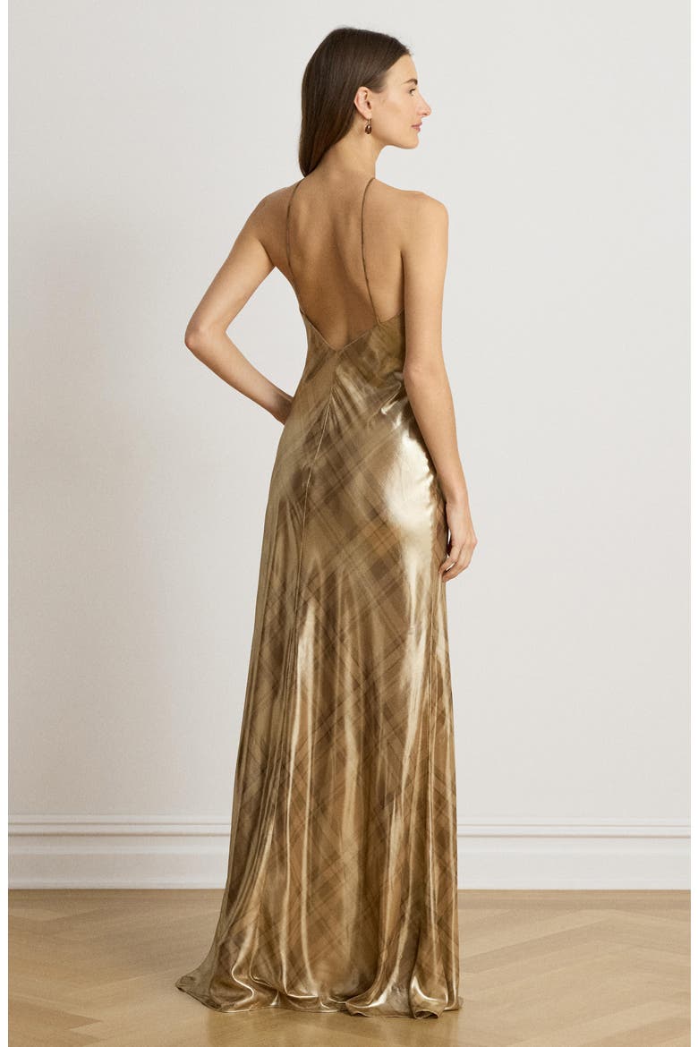 Plaid Metallic Chiffon Halter Neck Gown, Alternate, color, BROWN/ CAMEL MULTI