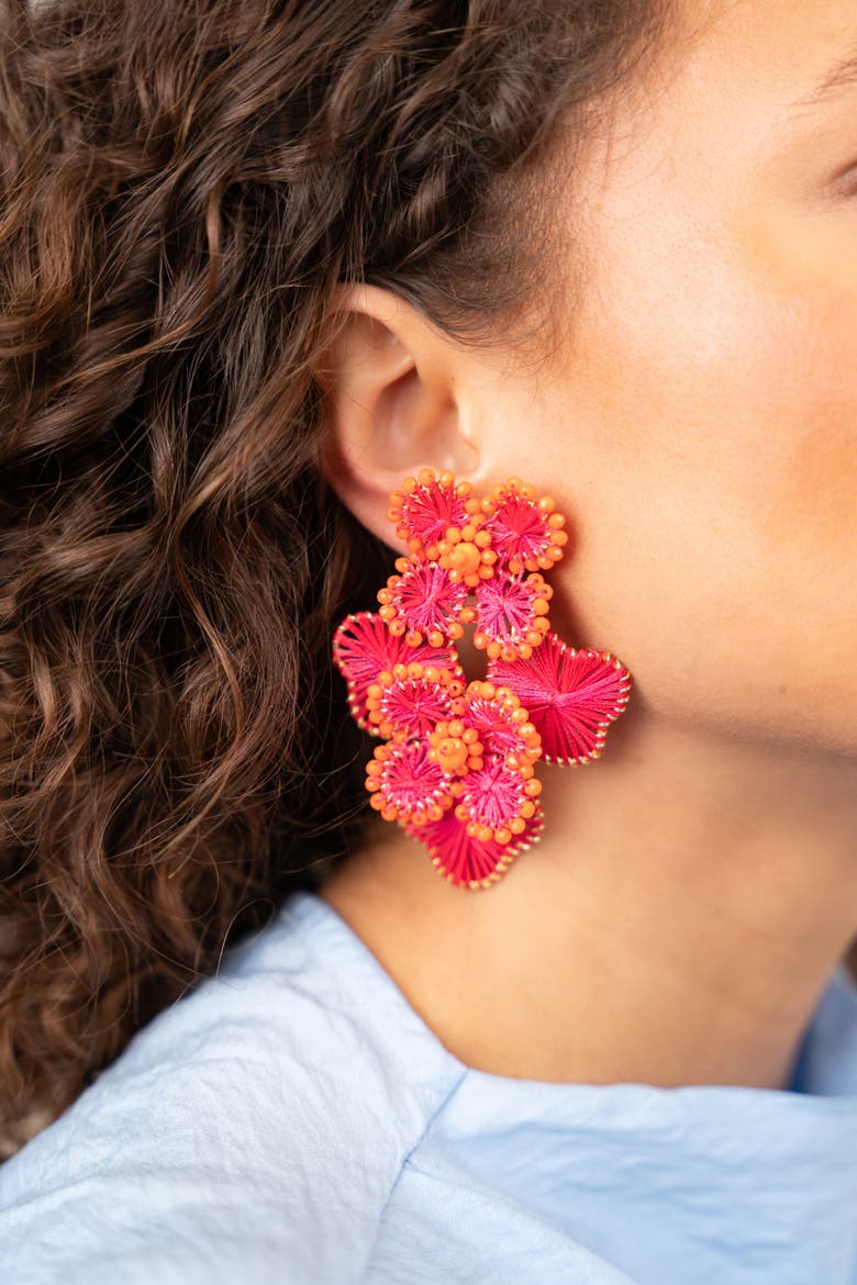Silk Flower Statement Earrings in Fuchsia/Orange, Alternate, color, Fuchsia, Orange