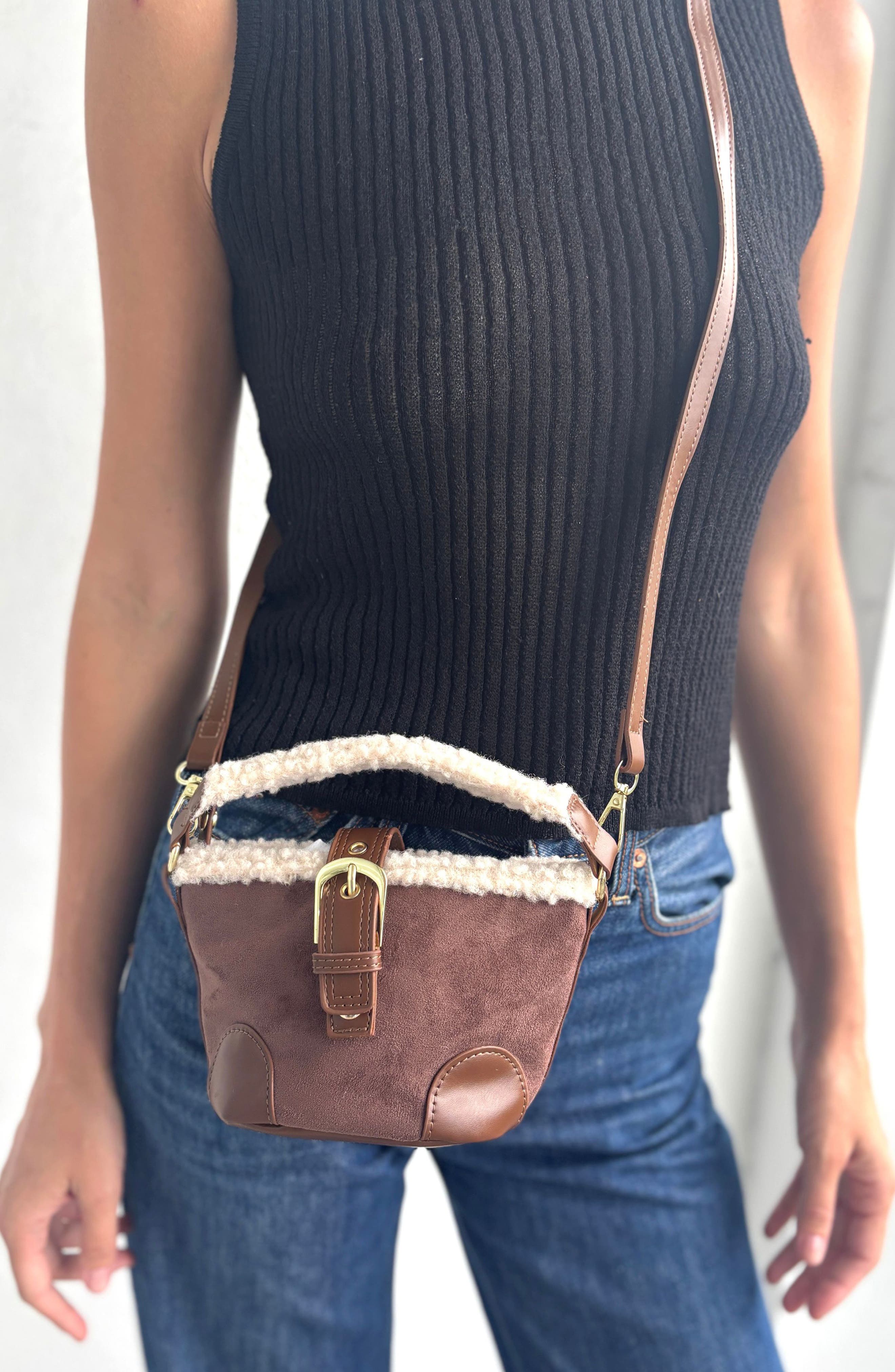 Adornia Faux Shearling Trim Crossbody Bag, Alternate, color, Brown