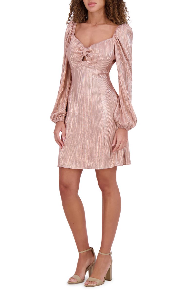 Kensie Long Sleeve Foiled Plissé Minidress, Alternate, color, Rose Gold