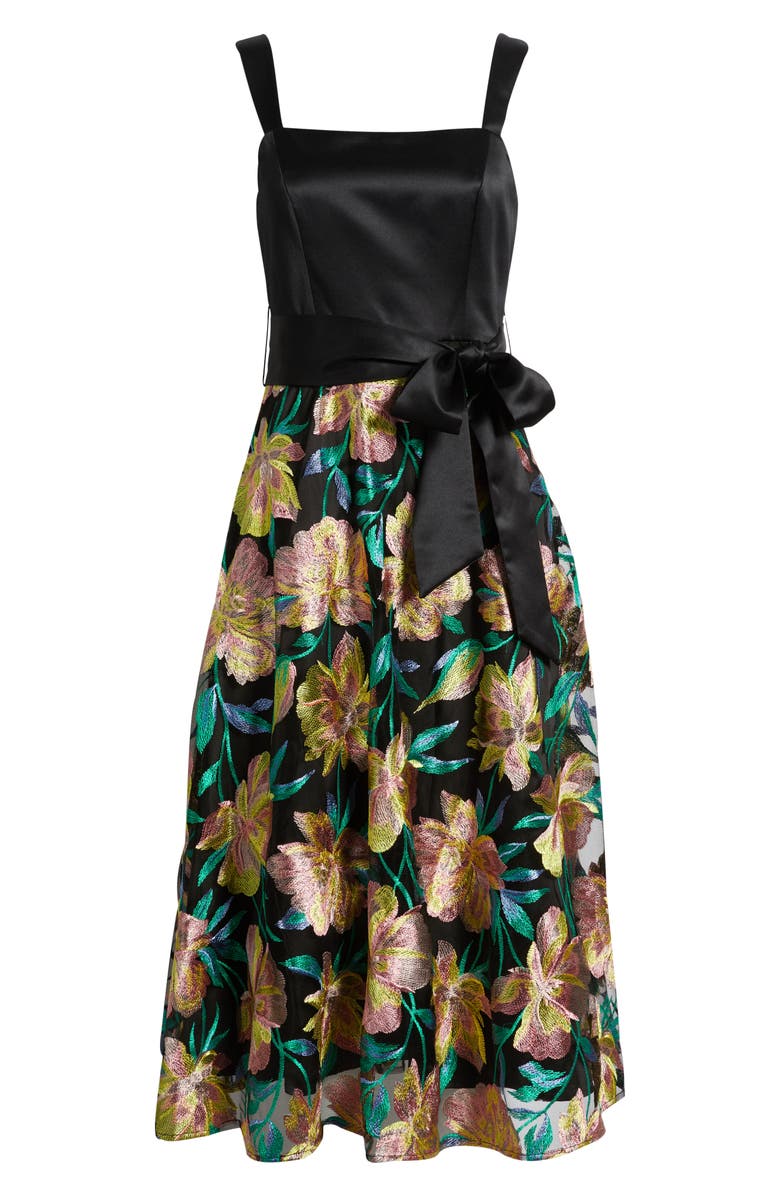 Tahari ASL Embroidered Sleeveless Satin Dress, Alternate, color, Black Multi