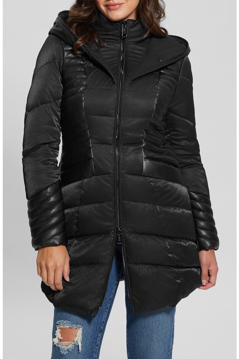 New Oxana Mixed Media Puffer Coat, Main, color, BLACK-BLACK