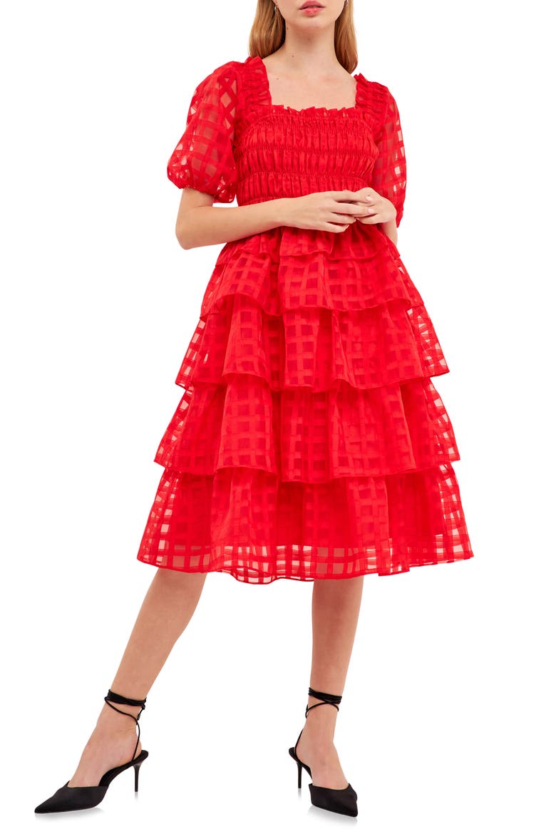 Grid Pattern Tiered Ruffle Dress, Main, color, RED
