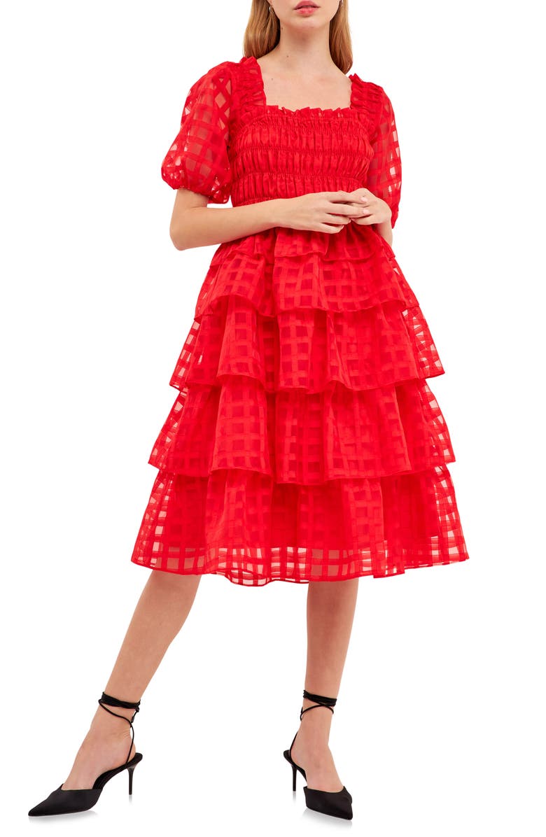English Factory Grid Pattern Tiered Ruffle Dress, Main, color, Red