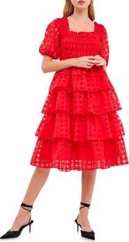 English Factory Grid Pattern Tiered Ruffle Dress