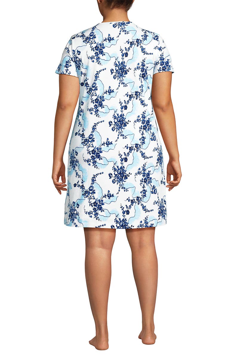 Lands' End Cotton Short Sleeve Knee Length Nightgown, Alternate, color, White/Muted Cobalt Lace Floral