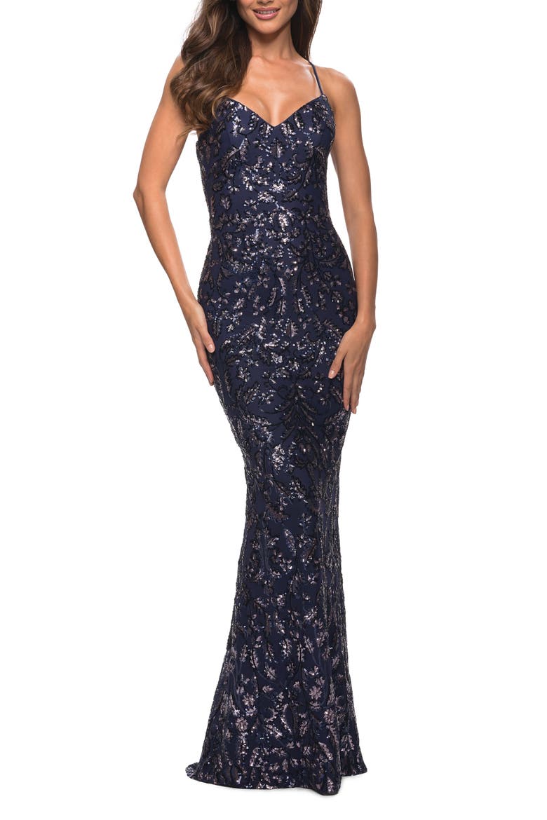 Unique Print Sequin Gown with Open Lace Up Back, Main, color, Indigo