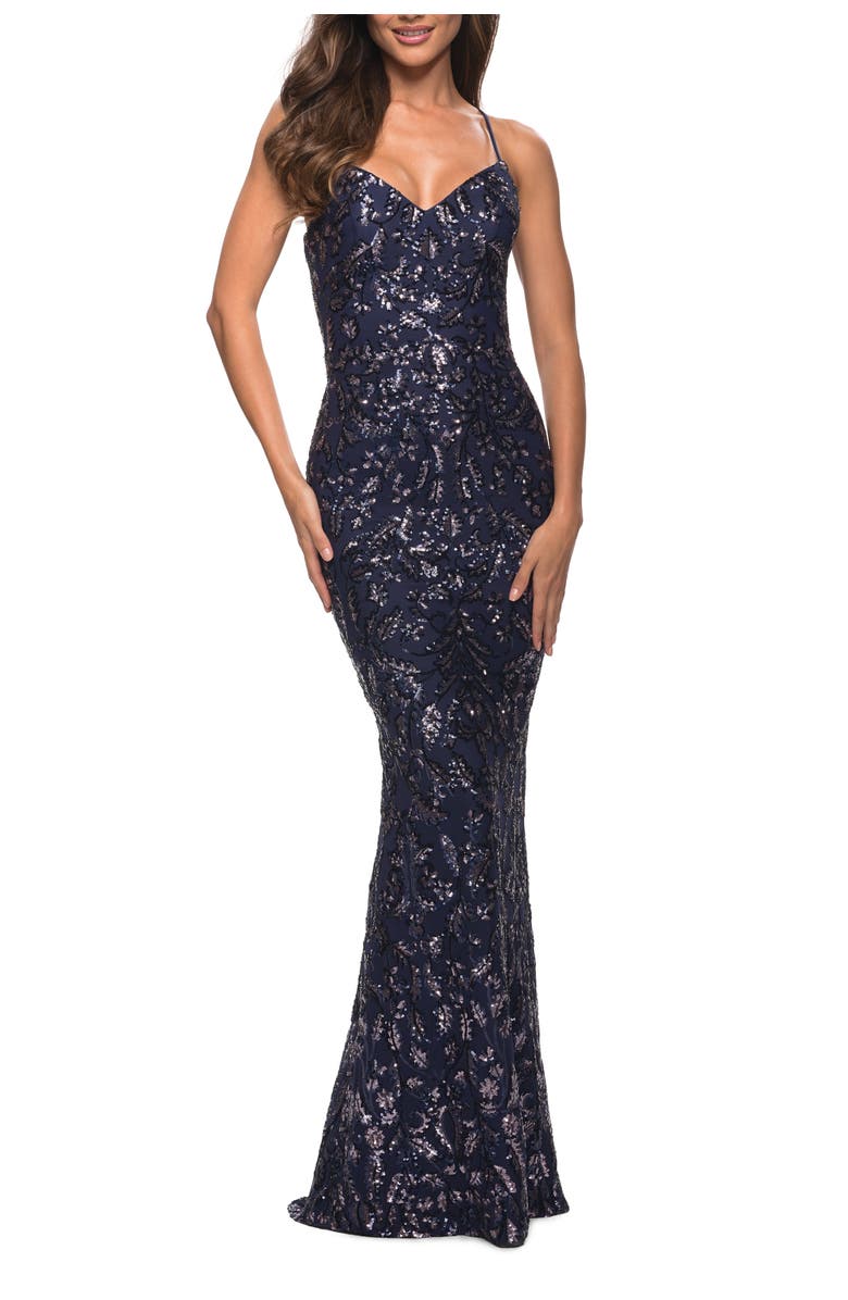 La Femme Unique Print Sequin Gown with Open Lace Up Back, Main, color, Indigo