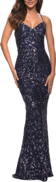 La Femme Unique Print Sequin Gown with Open Lace Up Back