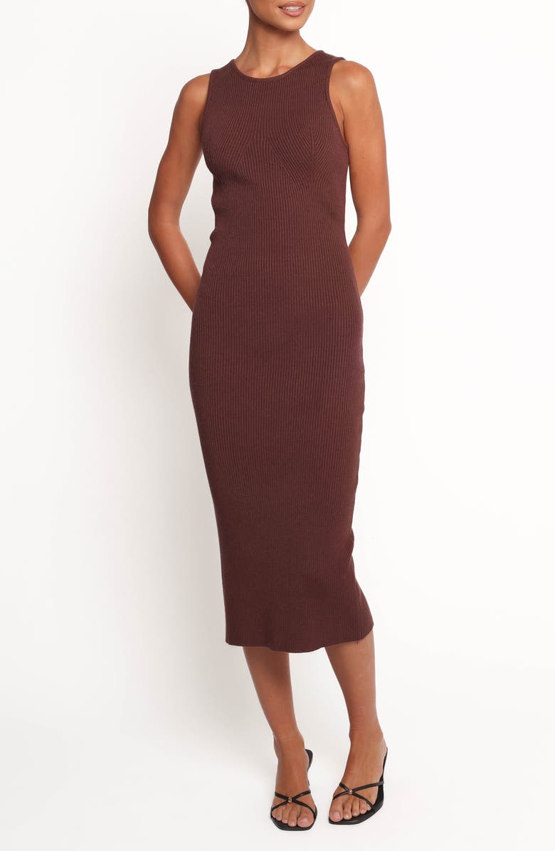 Petal & Pup Hollis Sleeveless Rib Midi Dress, Main, color, Chocolate