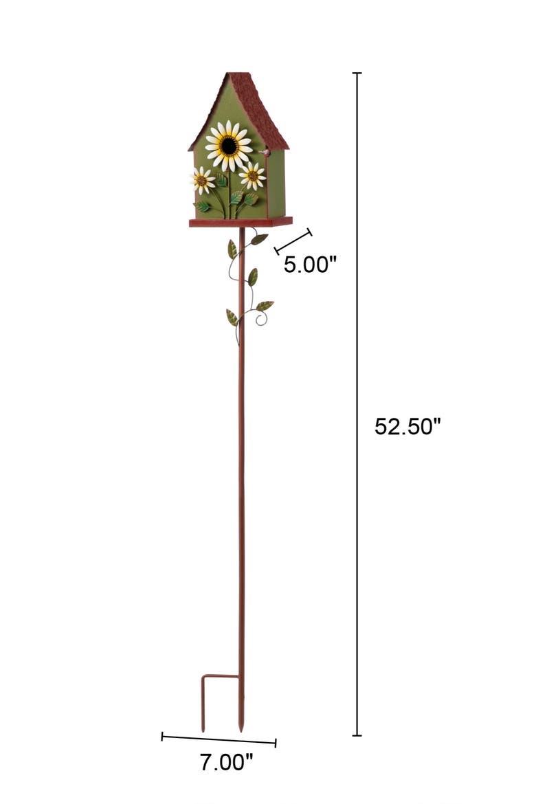 52"H Metal Daisy Decorative Garden Birdhouse with Stake, Alternate, color, Green