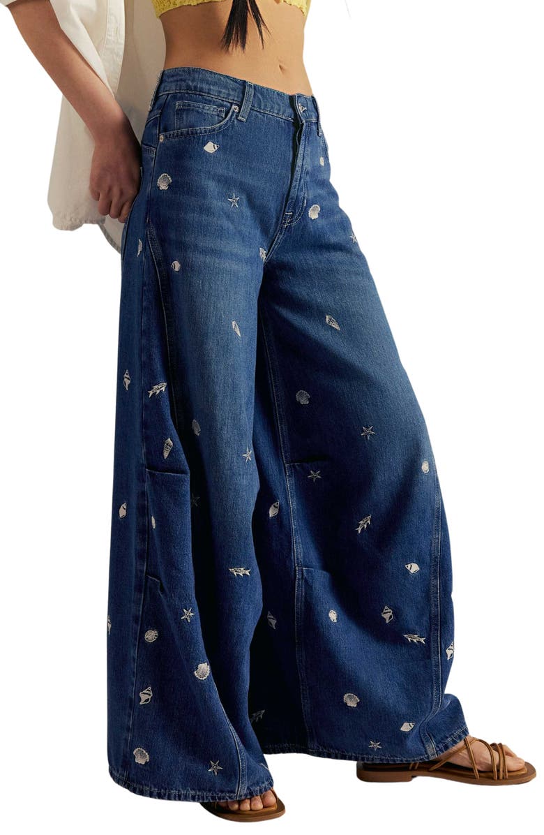 Free People Westward Embroidered Wide Barrel Leg Jeans, Alternate, color, Under The Sea