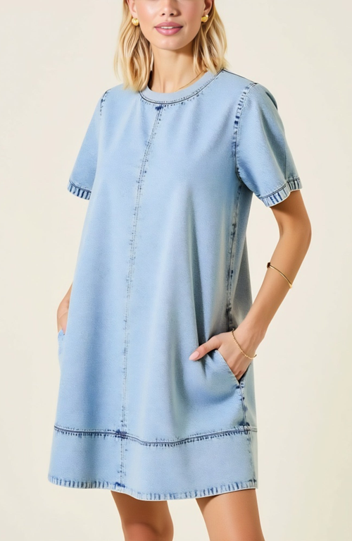 Modenaire Denim Mini Dress With Short Sleeves Pockets Back Zip Detail In Blue