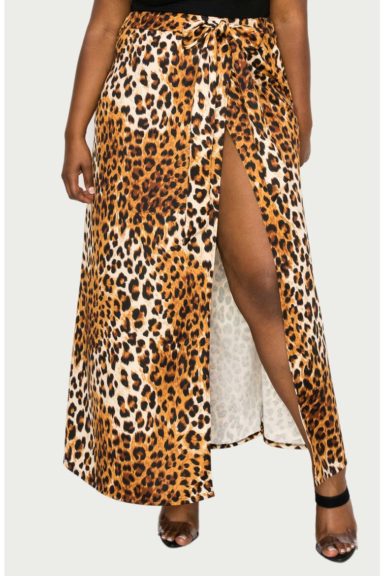 Leopard Tie Front High Waist Faux Wrap Maxi Skirt, Alternate, color, TAUPE